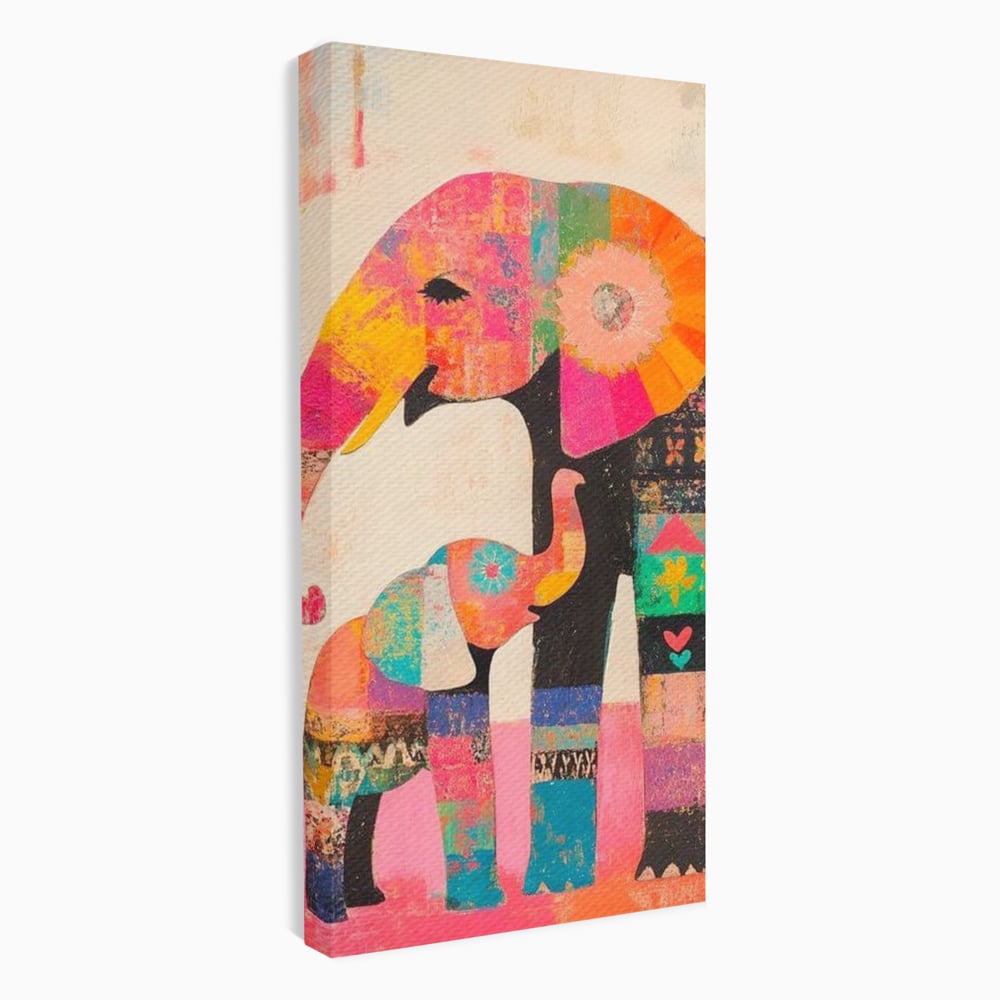 Tablou canvas cu tablou pictura cu elefanti colorati, fara rama, pe sasiu de lemn